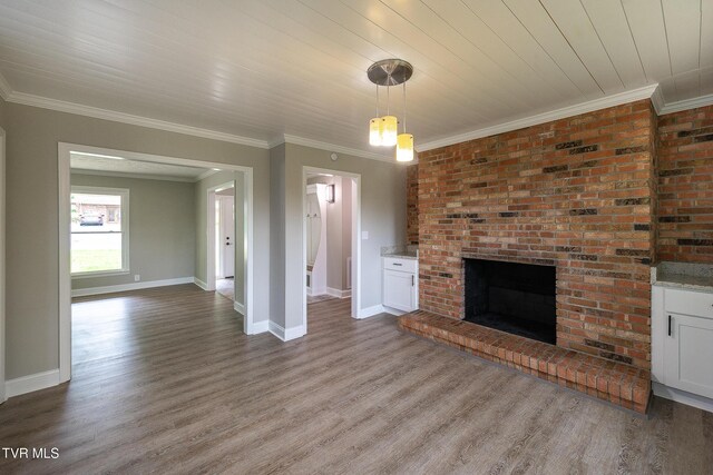 1236 Nassau Dr, Kingsport, TN 37660 - unfurnished living room featuring baseboards, wood finished floors, ornamental molding, a brick fireplace, and wood ceiling
