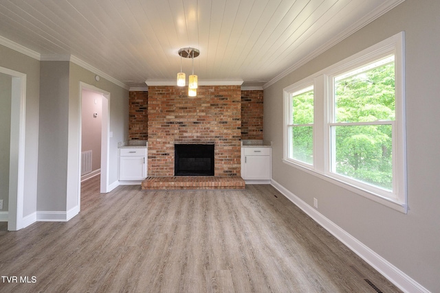 1236 Nassau Dr, Kingsport, TN 37660 - unfurnished living room with wood finished floors, baseboards, a fireplace, ornamental molding, and wooden ceiling