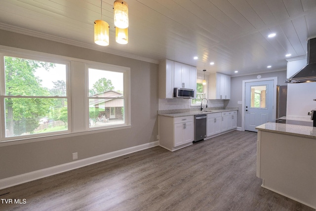 1236 Nassau Dr, Kingsport, TN 37660 - kitchen with appliances with stainless steel finishes, white cabinets, baseboards, dark wood-style flooring, and crown molding