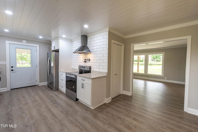 1236 Nassau Dr, Kingsport, TN 37660 - kitchen with stainless steel appliances, wall chimney exhaust hood, white cabinets, wood finished floors, and ornamental molding