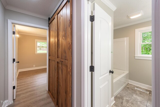 1236 Nassau Dr, Kingsport, TN 37660 - hallway featuring ornamental molding, baseboards, and a barn door