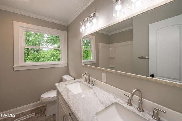 1236 Nassau Dr, Kingsport, TN 37660 - full bath featuring toilet, double vanity, baseboards, a shower, and ornamental molding
