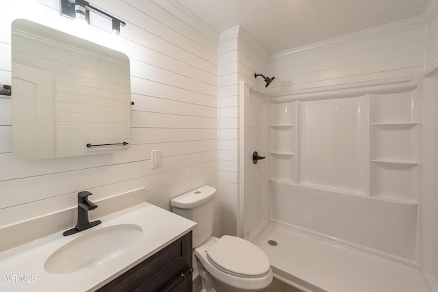 1236 Nassau Dr, Kingsport, TN 37660 - bathroom with wood walls, crown molding, a shower, vanity, and toilet