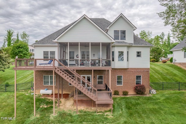 220 Michaels Ridge Blvd, Johnson City, TN 37615 - back of house with a sunroom, brick siding, roof with shingles, a wooden deck, and stairs