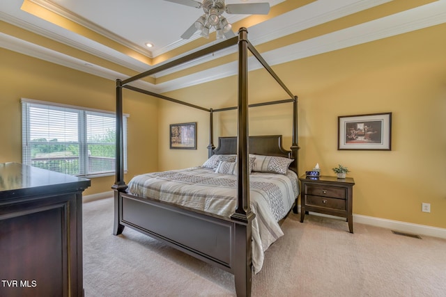 220 Michaels Ridge Blvd, Johnson City, TN 37615 - bedroom with crown molding, light carpet, baseboards, a tray ceiling, and a ceiling fan