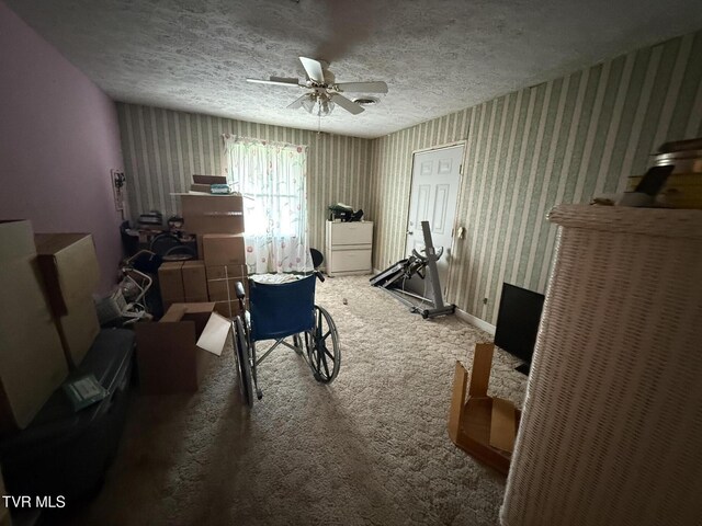 14313 Sandy Ridge Rd, Saint Paul, VA 24283 - carpeted office with a ceiling fan, wallpapered walls, and a textured ceiling