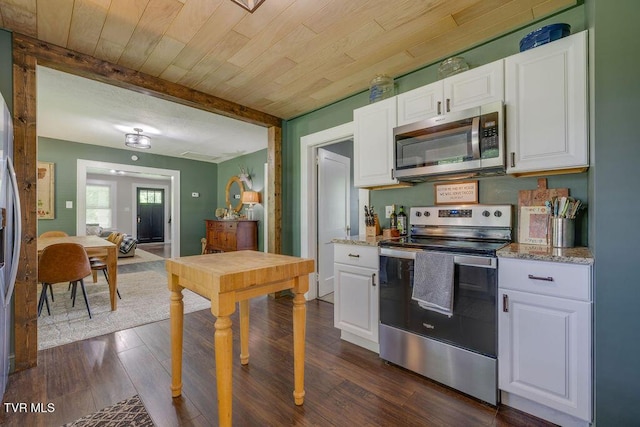 3901 Rocky Hill Ln, Kingsport, TN 37660 - kitchen featuring stainless steel appliances, white cabinetry, dark wood-style flooring, light stone countertops, and wooden ceiling with exposed beams