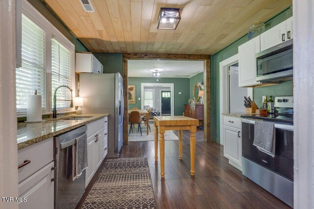 3901 Rocky Hill Ln, Kingsport, TN 37660 - kitchen featuring appliances with stainless steel finishes, a sink, white cabinetry, and wooden ceiling