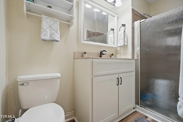 5009 Surrey Dr, Kingsport, TN 37664 - bathroom featuring toilet, a shower with door, vanity, and wood finished floors