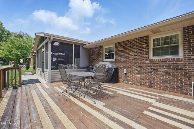 5009 Surrey Dr, Kingsport, TN 37664 - wooden terrace featuring a sunroom, area for grilling, and outdoor dining area