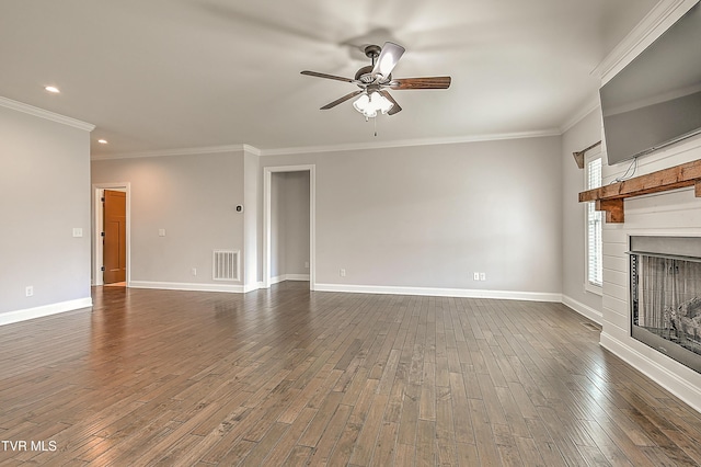 1030 Savin Fls, Gray, TN 37615 - unfurnished living room with ceiling fan, recessed lighting, a fireplace, dark wood-style floors, and baseboards