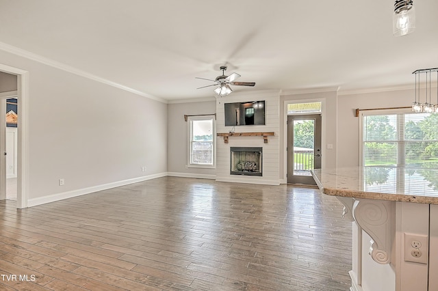 1030 Savin Fls, Gray, TN 37615 - unfurnished living room featuring plenty of natural light, ceiling fan, crown molding, a large fireplace, and hardwood / wood-style flooring