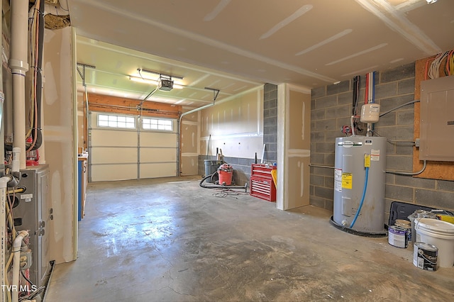 1030 Savin Fls, Gray, TN 37615 - garage featuring water heater, electric panel, a garage door opener, and concrete block wall