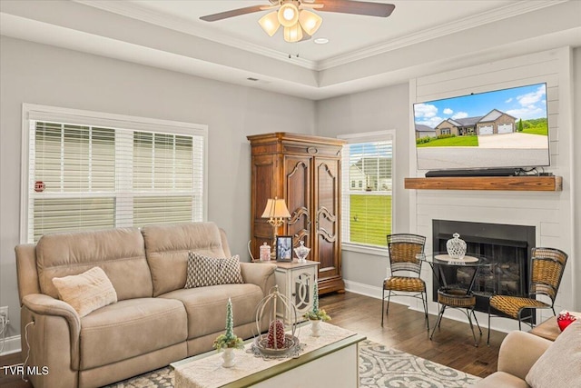 3321 Cottage Green Ct, Kingsport, TN 37664 - living area featuring ornamental molding, wood finished floors, a ceiling fan, a fireplace with flush hearth, and baseboards