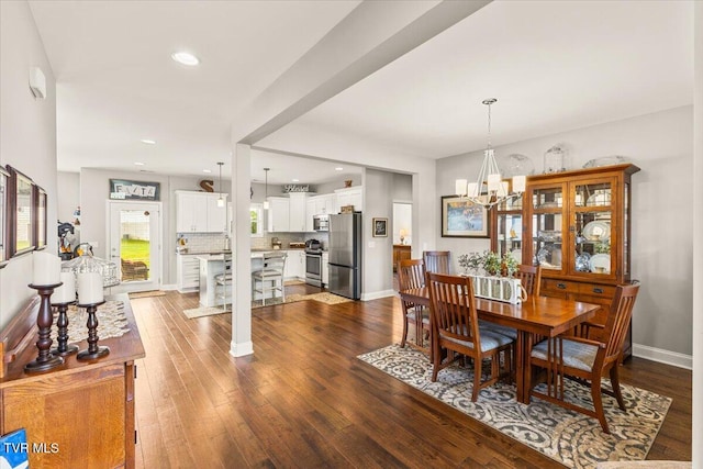 3321 Cottage Green Ct, Kingsport, TN 37664 - dining area featuring a chandelier, dark wood-style floors, baseboards, and recessed lighting