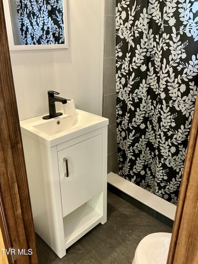 153 Hampton Creek Rd, Roan Mountain, TN 37687 - bathroom featuring a shower stall, vanity, and toilet