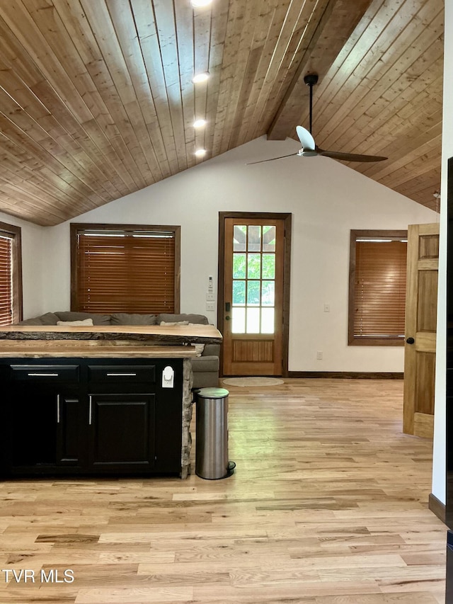 153 Hampton Creek Rd, Roan Mountain, TN 37687 - kitchen with dark cabinets, lofted ceiling, ceiling fan, wood ceiling, and baseboards