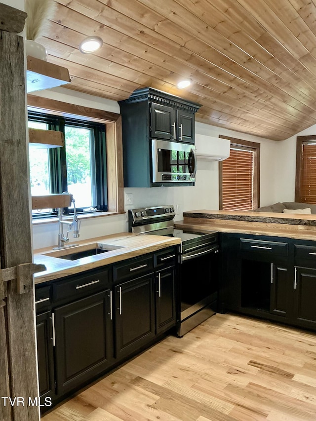 153 Hampton Creek Rd, Roan Mountain, TN 37687 - kitchen with appliances with stainless steel finishes, wood ceiling, a sink, dark cabinetry, and light wood-type flooring