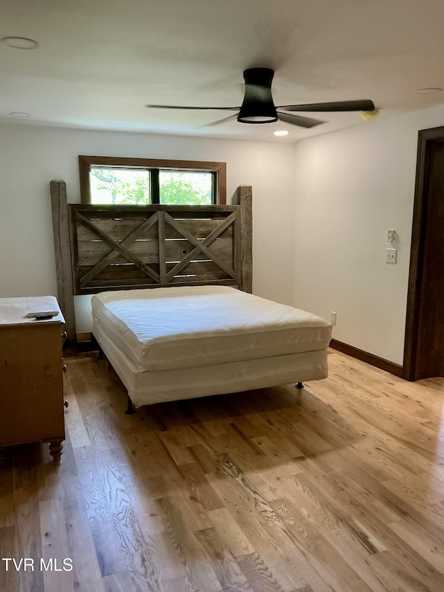 153 Hampton Creek Rd, Roan Mountain, TN 37687 - bedroom featuring light wood-style floors, ceiling fan, and baseboards