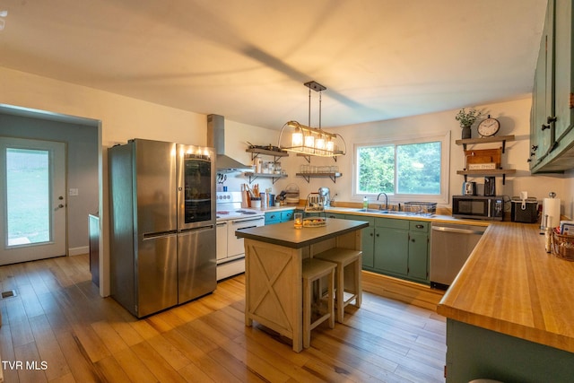 1318 E Lakeview Dr, Johnson City, TN 37601 - kitchen featuring stainless steel appliances, green cabinets, open shelves, wall chimney exhaust hood, and a sink