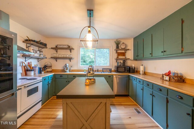 1318 E Lakeview Dr, Johnson City, TN 37601 - kitchen with appliances with stainless steel finishes, open shelves, light wood-style flooring, and a sink