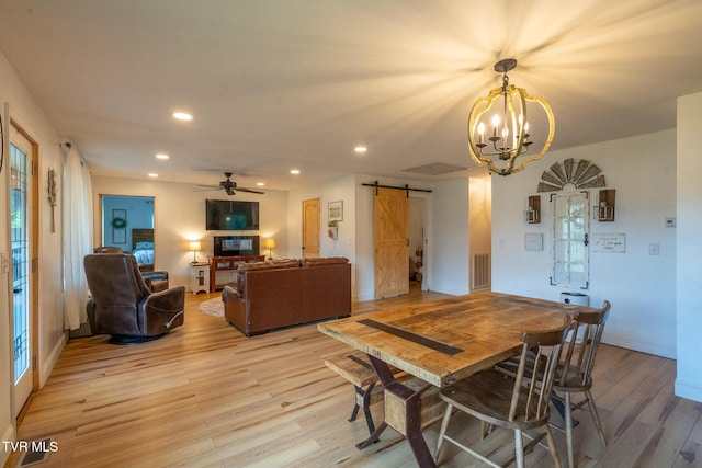 1318 E Lakeview Dr, Johnson City, TN 37601 - dining room with a barn door, light wood-style flooring, recessed lighting, a ceiling fan, and a chandelier