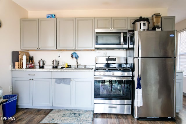2087 Fodderstack Mountain Loop, Greeneville, TN 37745 - kitchen with stainless steel appliances, gray cabinets, a sink, and dark wood-style floors