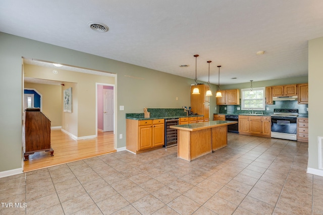 516 Bowmantown Rd, Telford, TN 37690 - kitchen with range with electric cooktop, beverage cooler, black dishwasher, a sink, and under cabinet range hood