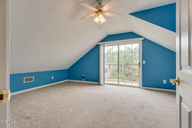 516 Bowmantown Rd, Telford, TN 37690 - additional living space with a textured ceiling, carpet flooring, a ceiling fan, lofted ceiling, and baseboards