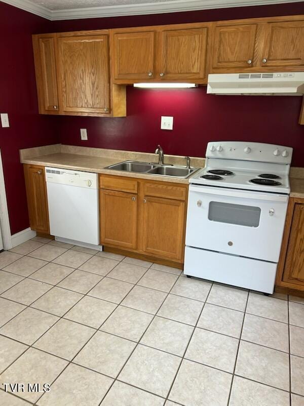 1657 Redwood Dr, Kingsport, TN 37664 - kitchen with white appliances, a sink, under cabinet range hood, light countertops, and ornamental molding