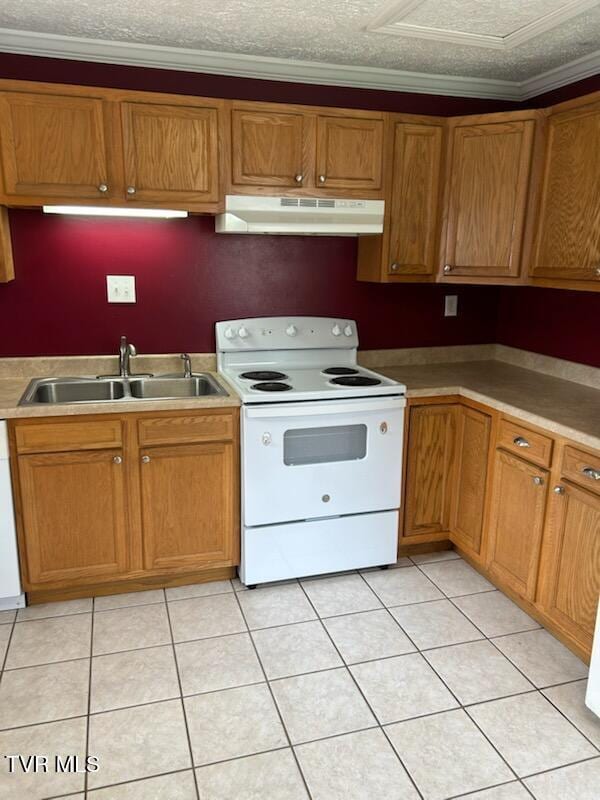 1657 Redwood Dr, Kingsport, TN 37664 - kitchen with white range with electric stovetop, under cabinet range hood, a sink, light tile patterned floors, and brown cabinets