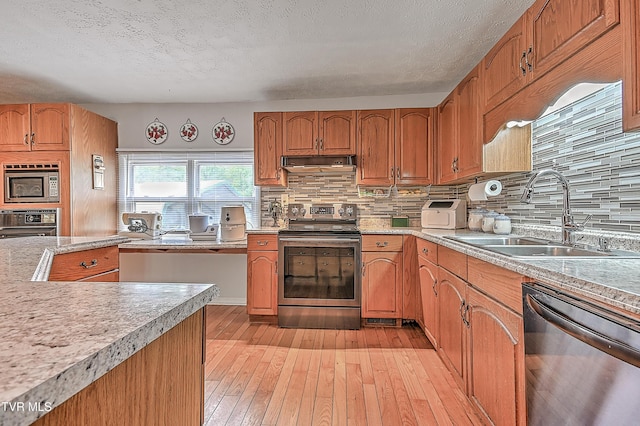 481 Pleasant Hill Rd, Blountville, TN 37617 - kitchen with appliances with stainless steel finishes, a sink, light countertops, under cabinet range hood, and tasteful backsplash