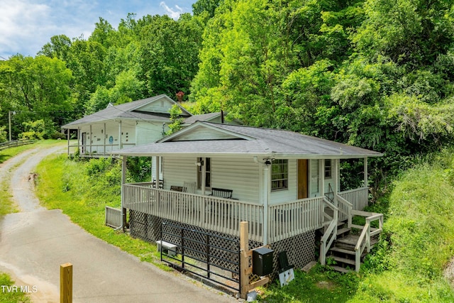 402 Crabtree Rd, Roan Mountain, TN 37687 - bungalow-style home featuring covered porch, a shingled roof, driveway, and a forest view