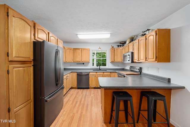 402 Crabtree Rd, Roan Mountain, TN 37687 - kitchen with appliances with stainless steel finishes, light wood-style flooring, a peninsula, a textured ceiling, and dark countertops