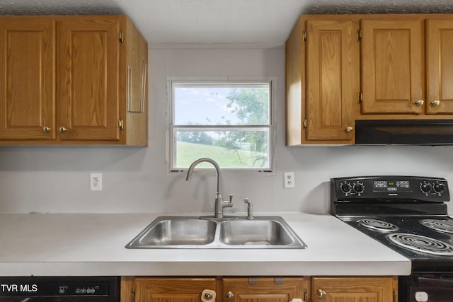 1830 Dover Rd, Morristown, TN 37813 - kitchen featuring black appliances, under cabinet range hood, a sink, light countertops, and brown cabinets