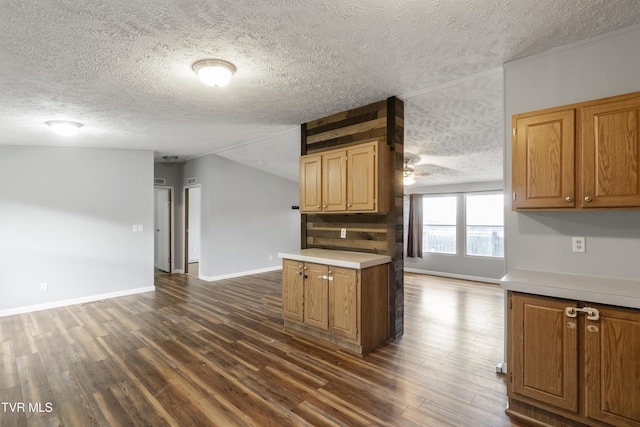 1830 Dover Rd, Morristown, TN 37813 - kitchen featuring a textured ceiling, dark wood finished floors, light countertops, baseboards, and open floor plan