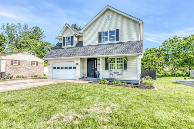 595 Suncrest Dr, Bristol, VA 24201 - traditional-style house featuring covered porch, concrete driveway, roof with shingles, a front lawn, and a garage