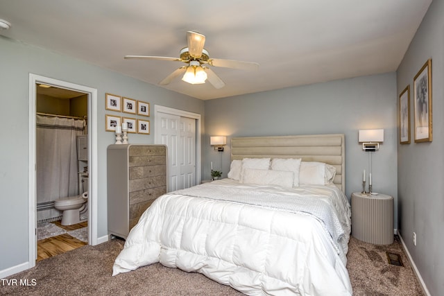 595 Suncrest Dr, Bristol, VA 24201 - bedroom featuring carpet flooring, a closet, baseboards, ensuite bath, and a ceiling fan