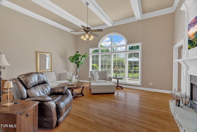 5 Carriage Ct, Johnson City, TN 37604 - living room with a fireplace with raised hearth, beamed ceiling, a ceiling fan, light wood finished floors, and coffered ceiling