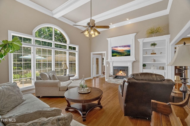 5 Carriage Ct, Johnson City, TN 37604 - living area with ceiling fan, healthy amount of natural light, a glass covered fireplace, light wood-style floors, and beam ceiling