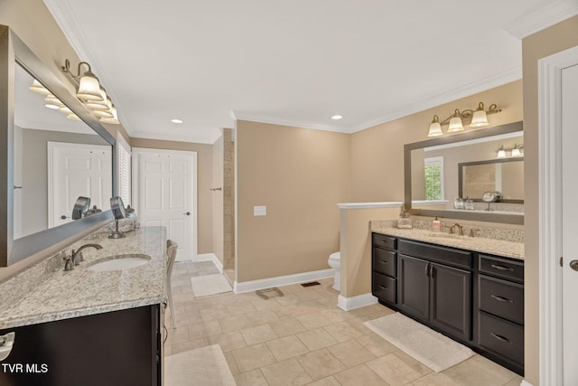 5 Carriage Ct, Johnson City, TN 37604 - full bath featuring two vanities, crown molding, toilet, baseboards, and a tile shower