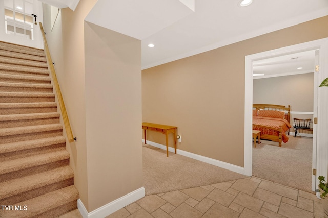 5 Carriage Ct, Johnson City, TN 37604 - stairway featuring carpet, stone finish floors, recessed lighting, baseboards, and ornamental molding
