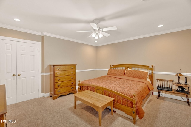 5 Carriage Ct, Johnson City, TN 37604 - carpeted bedroom featuring a closet, baseboards, recessed lighting, crown molding, and ceiling fan