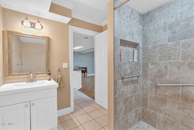 5 Carriage Ct, Johnson City, TN 37604 - bathroom with a stall shower, vanity, tile patterned flooring, baseboards, and ornamental molding