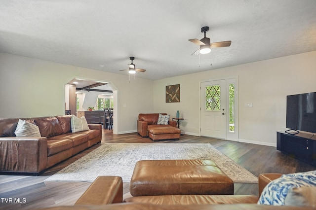 8466 Courtland Rd, Wise, VA 24293 - living area featuring a ceiling fan, arched walkways, wood finished floors, and baseboards