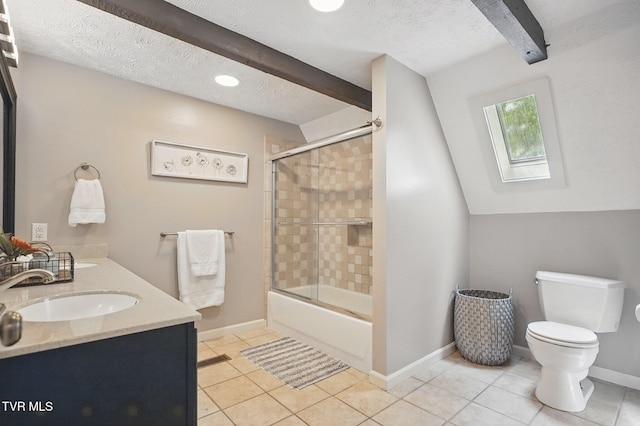 8466 Courtland Rd, Wise, VA 24293 - bathroom with toilet, tile patterned floors, a skylight, shower / bath combination with glass door, and a textured ceiling