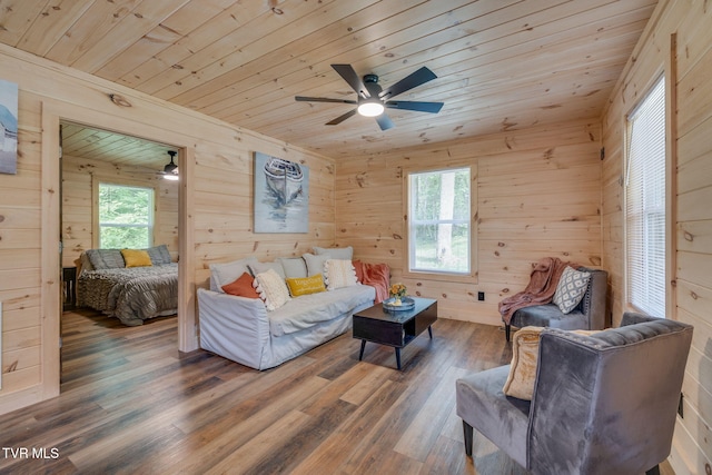 455 Okey Mowell Rd, Kingsport, TN 37660 - living area with wooden ceiling, ceiling fan, wooden walls, plenty of natural light, and wood finished floors