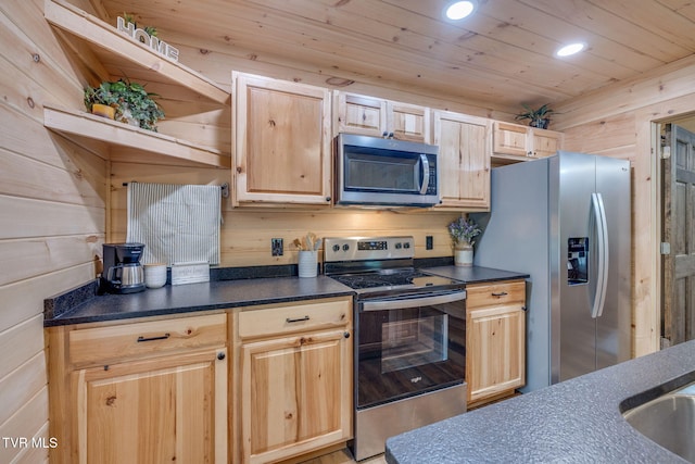 455 Okey Mowell Rd, Kingsport, TN 37660 - kitchen featuring stainless steel appliances, dark countertops, open shelves, wooden walls, and wood ceiling