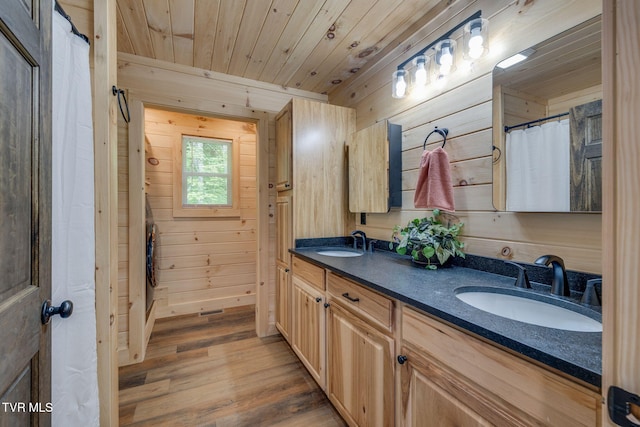 455 Okey Mowell Rd, Kingsport, TN 37660 - full bath with wooden walls, double vanity, wood finished floors, and wood ceiling