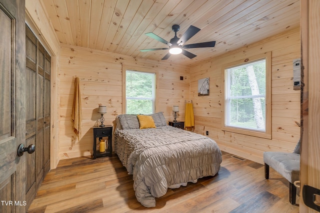 455 Okey Mowell Rd, Kingsport, TN 37660 - bedroom featuring light wood-style flooring, wood walls, wood ceiling, and ceiling fan